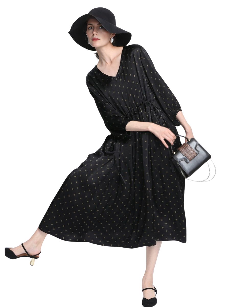 Elegant Black Polka Dot Maxi Dress with Cinched Waist - Image 11