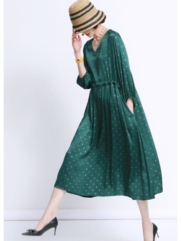 Elegant Black Polka Dot Maxi Dress with Cinched Waist - Image 5