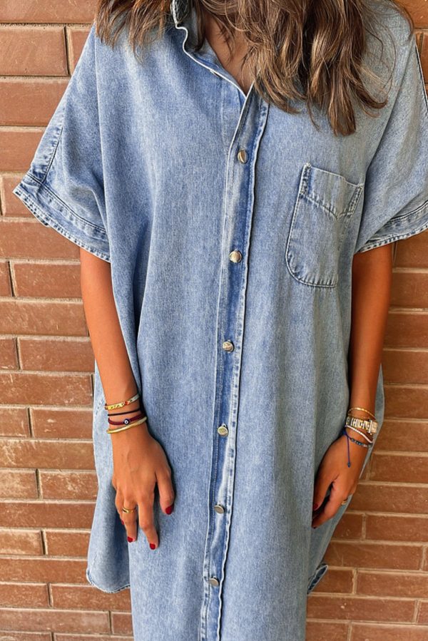 Denim Shirt Dress with Button Pockets - Image 5