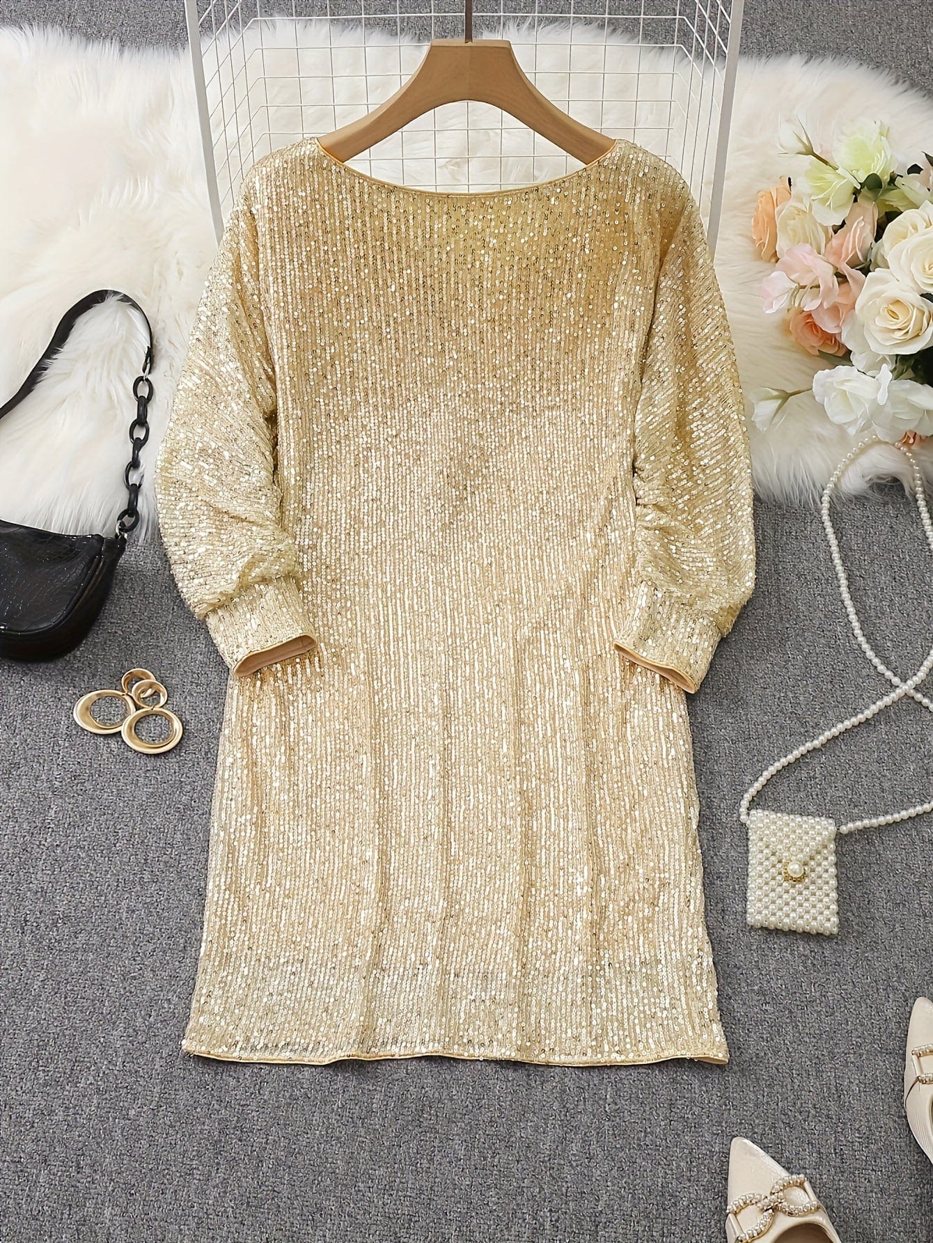 Sparkling V Neck Sequin Long Sleeve Party Mini Dress - Image 8