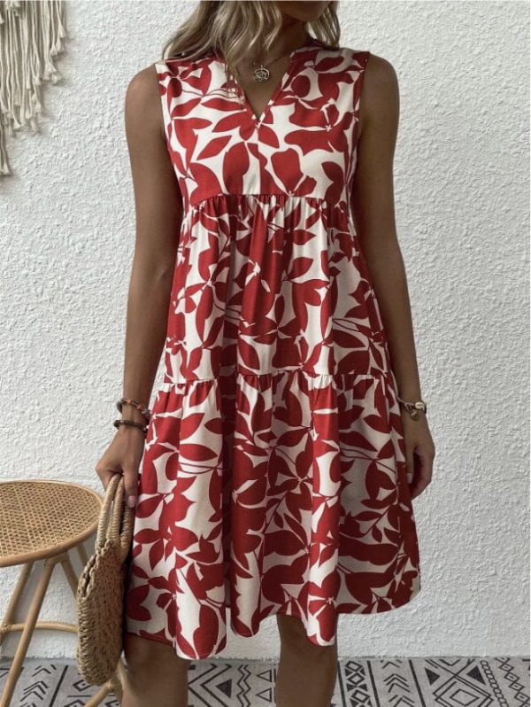 Bohemian Leaf Print Loose Pleated V-Neck Mini Dress with Fashionable Style - Image 2