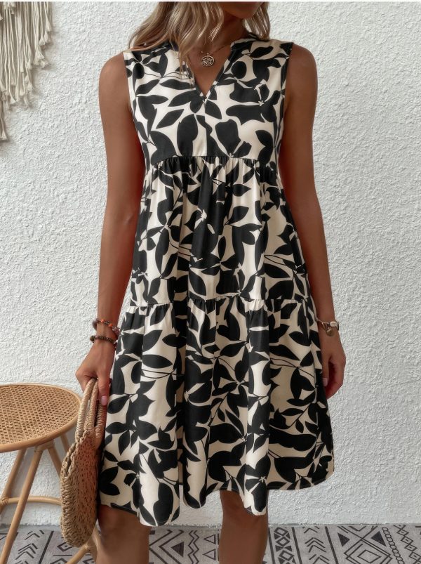 Bohemian Leaf Print Loose Pleated V-Neck Mini Dress with Fashionable Style - Image 6