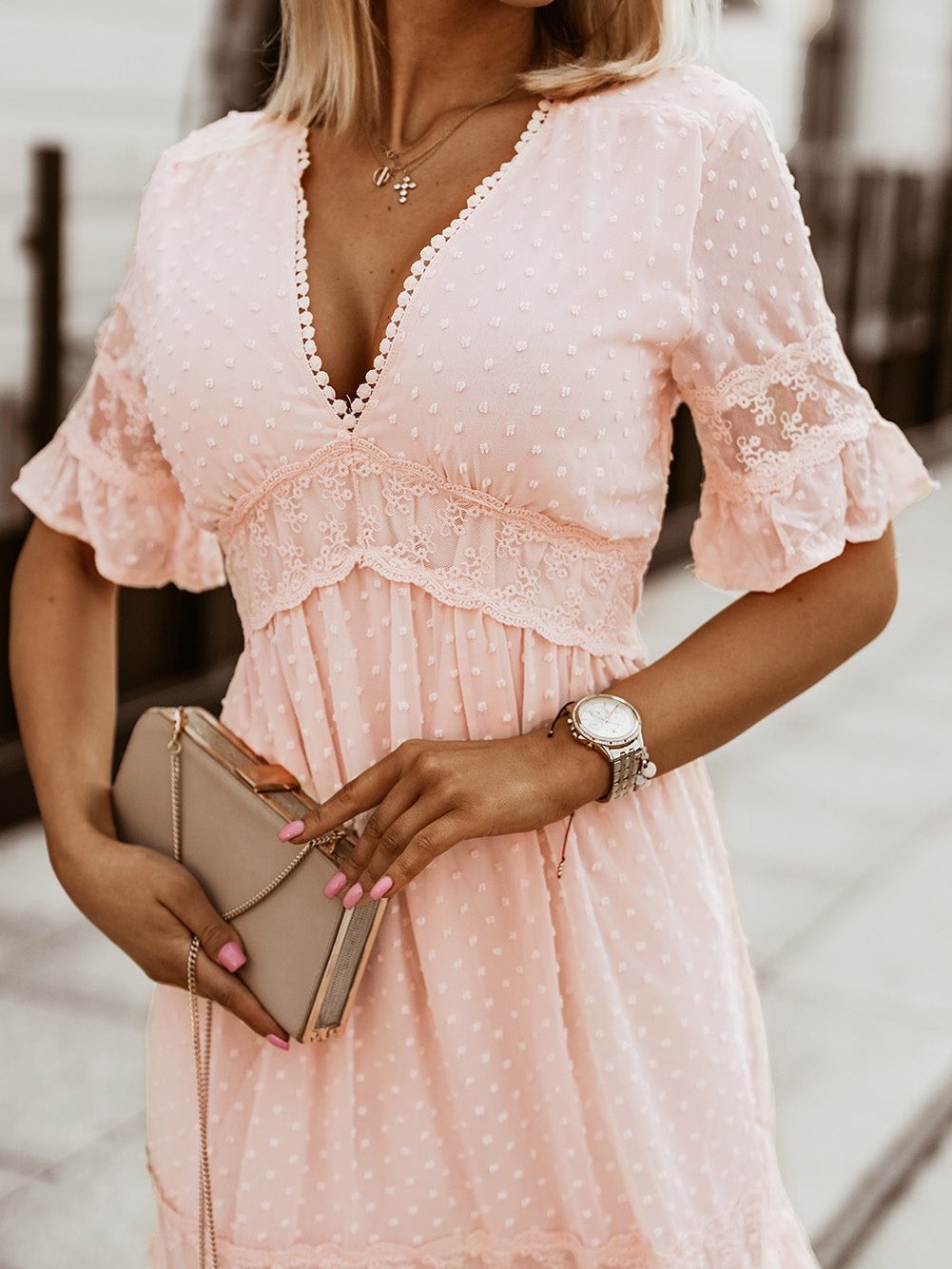 Solid Color V Neck Tie Half Sleeve Casual Dress - Image 11