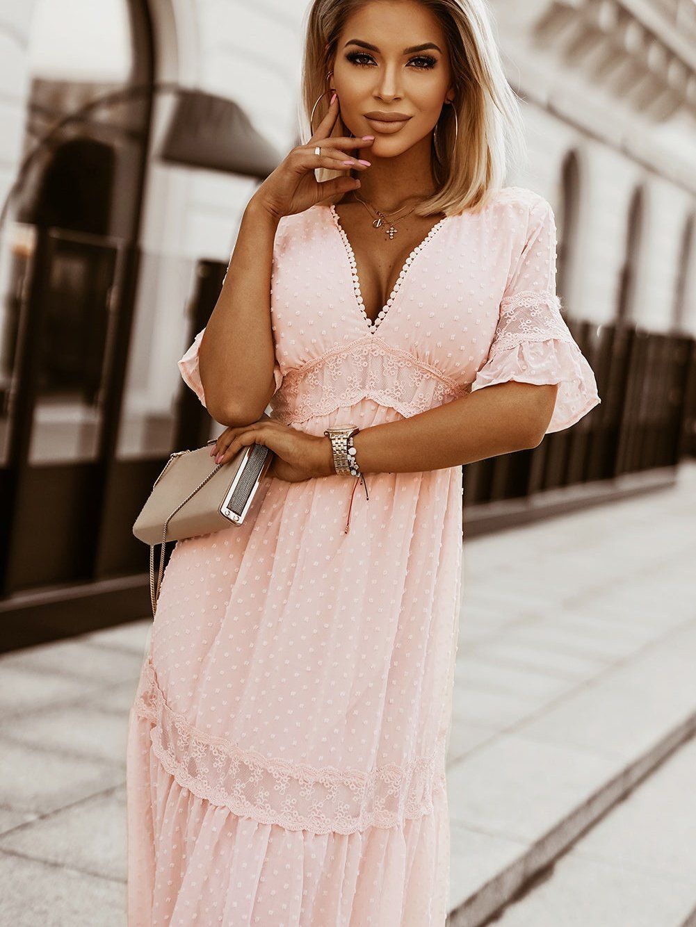 Solid Color V Neck Tie Half Sleeve Casual Dress - Image 9