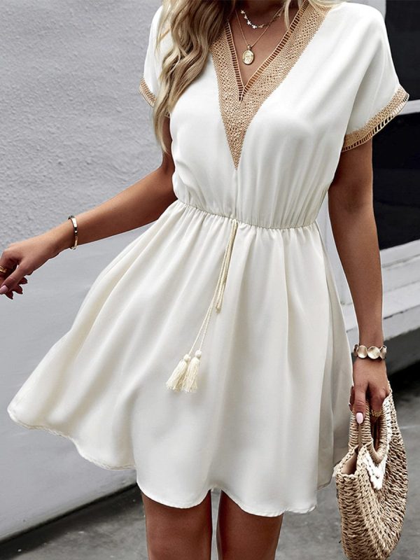 Casual Holiday Lace Stitching Waist V Neck Mini Dress - Image 16