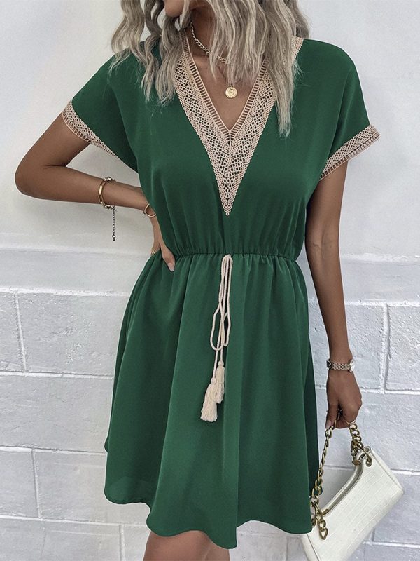 Casual Holiday Lace Stitching Waist V Neck Mini Dress - Image 12