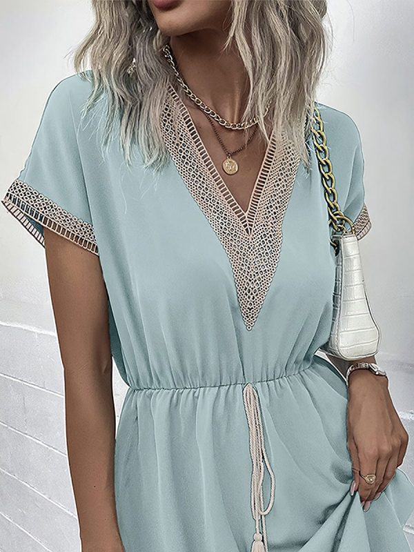 Casual Holiday Lace Stitching Waist V Neck Mini Dress - Image 6