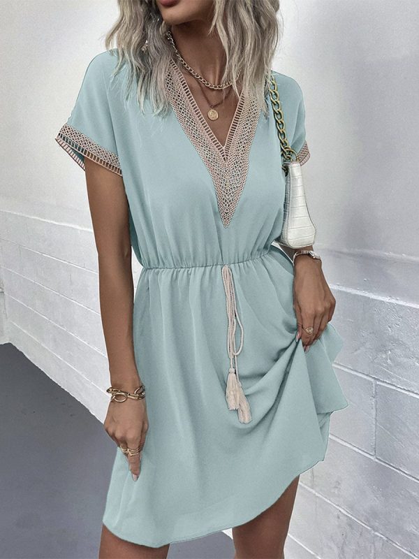 Casual Holiday Lace Stitching Waist V Neck Mini Dress - Image 4