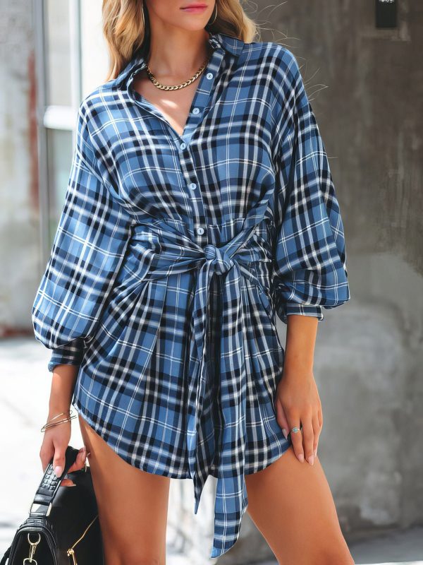Check Print Buttons Lace-Up Shirt Dress - Image 6