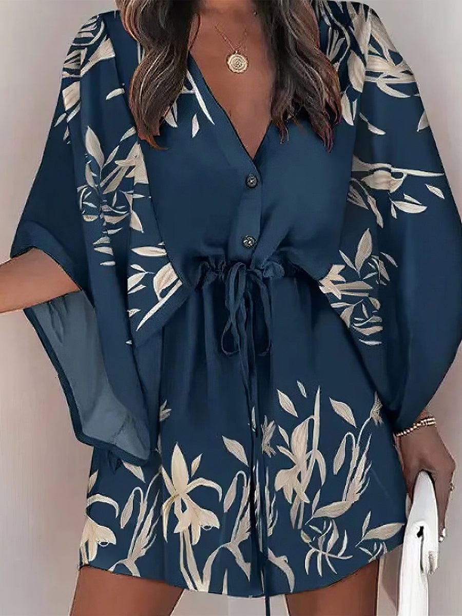 Chic Deep V Neck Printed Mini Dress with Button Detail - Image 5