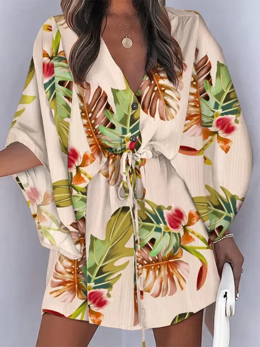 Chic Deep V Neck Printed Mini Dress with Button Detail - Image 4