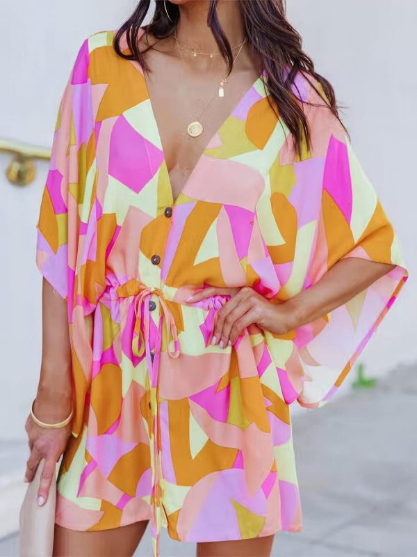 Chic Deep V Neck Printed Mini Dress with Button Detail - Image 2