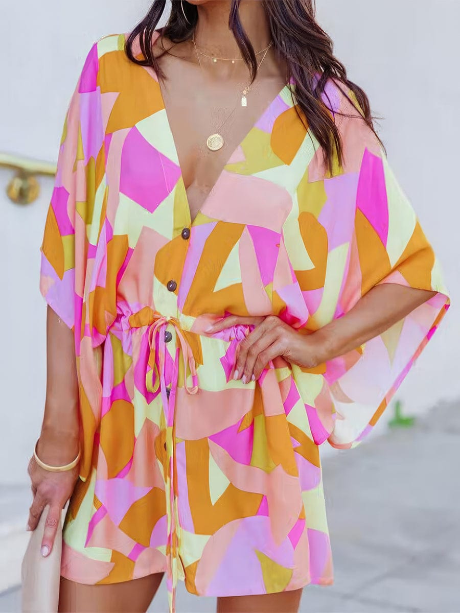 Chic Deep V Neck Printed Mini Dress with Button Detail - Image 2