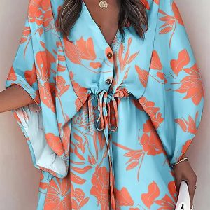 Chic Deep V Neck Printed Mini Dress with Button Detail