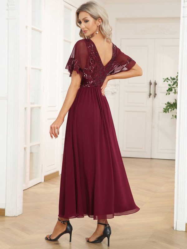 Chic V-Neck Mother of the Bride Dress with Short Ruffles Sleeves - Image 2