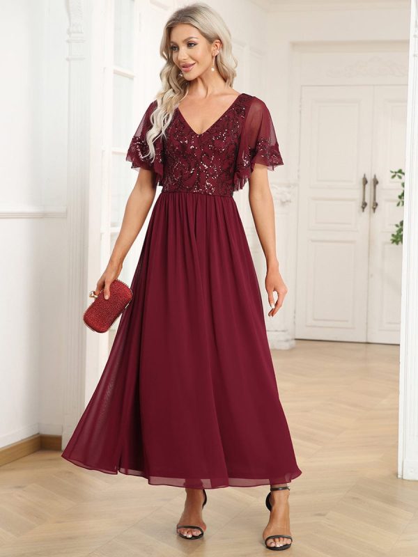 Chic V-Neck Mother of the Bride Dress with Short Ruffles Sleeves - Image 3