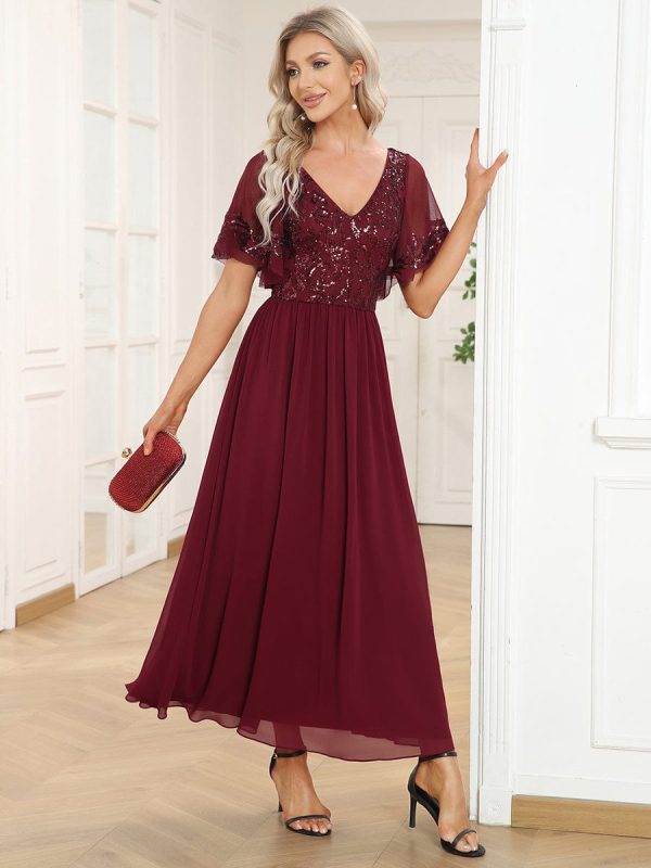 Chic V-Neck Mother of the Bride Dress with Short Ruffles Sleeves - Image 4