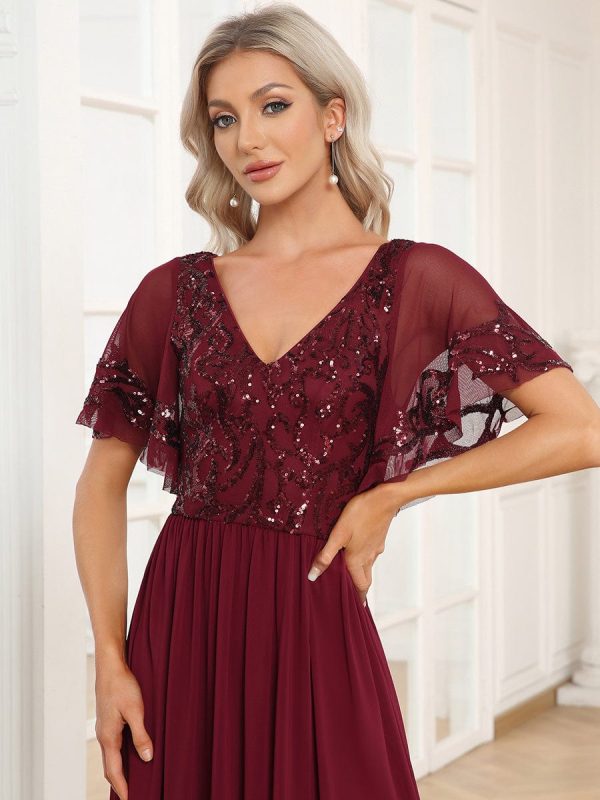 Chic V-Neck Mother of the Bride Dress with Short Ruffles Sleeves - Image 5
