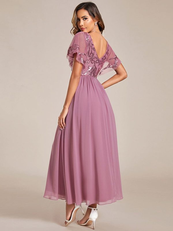 Chic V-Neck Mother of the Bride Dress with Short Ruffles Sleeves - Image 13