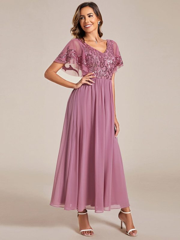 Chic V-Neck Mother of the Bride Dress with Short Ruffles Sleeves - Image 14