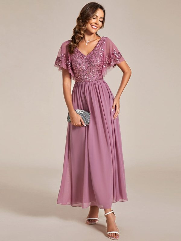 Chic V-Neck Mother of the Bride Dress with Short Ruffles Sleeves - Image 15
