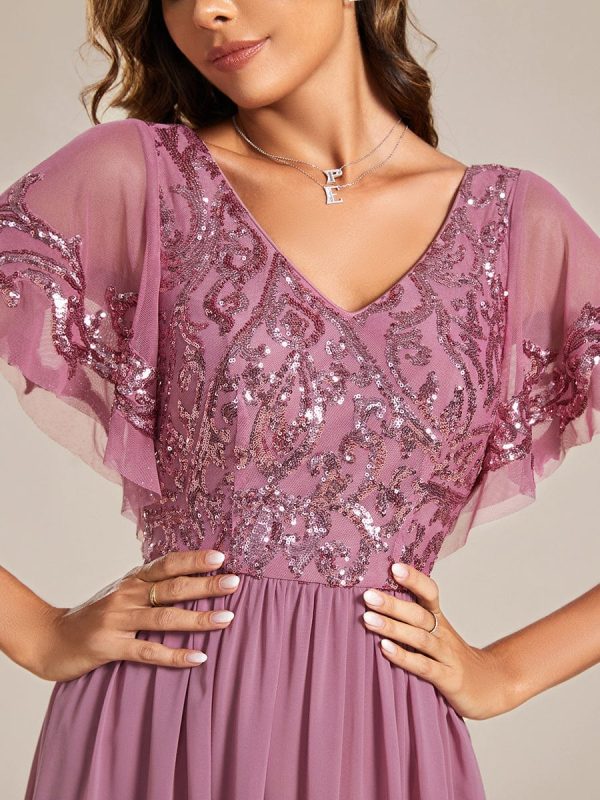 Chic V-Neck Mother of the Bride Dress with Short Ruffles Sleeves - Image 16