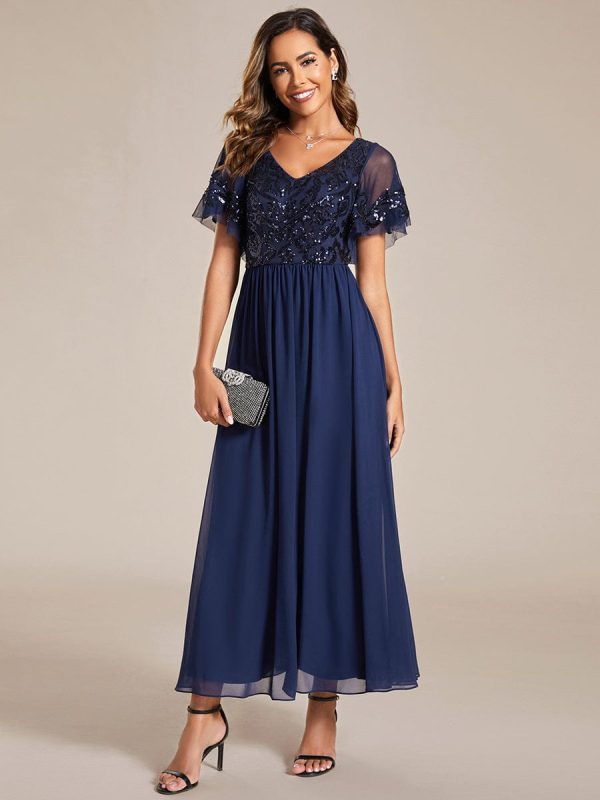 Chic V-Neck Mother of the Bride Dress with Short Ruffles Sleeves - Image 18