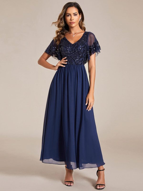 Chic V-Neck Mother of the Bride Dress with Short Ruffles Sleeves - Image 21