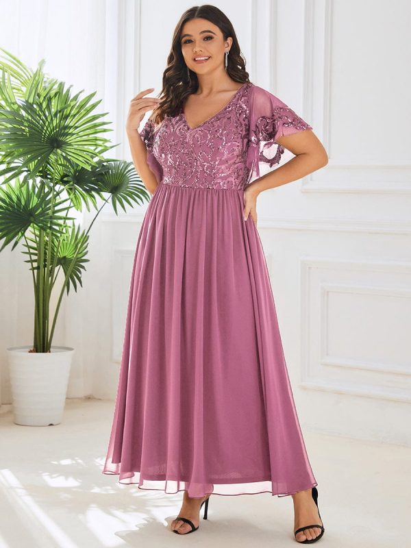 Chic V-Neck Mother of the Bride Dress with Short Ruffles Sleeves - Image 23