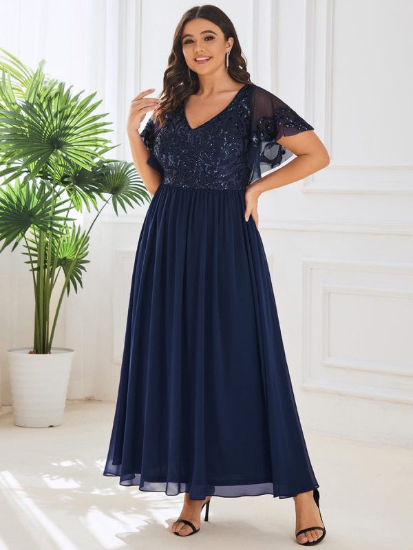 Chic V-Neck Mother of the Bride Dress with Short Ruffles Sleeves - Image 24