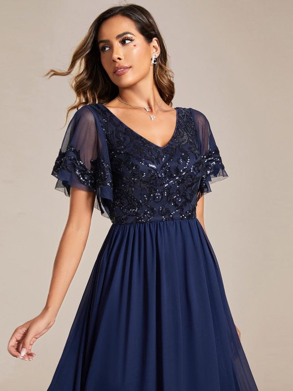 Chic V-Neck Mother of the Bride Dress with Short Ruffles Sleeves - Image 25