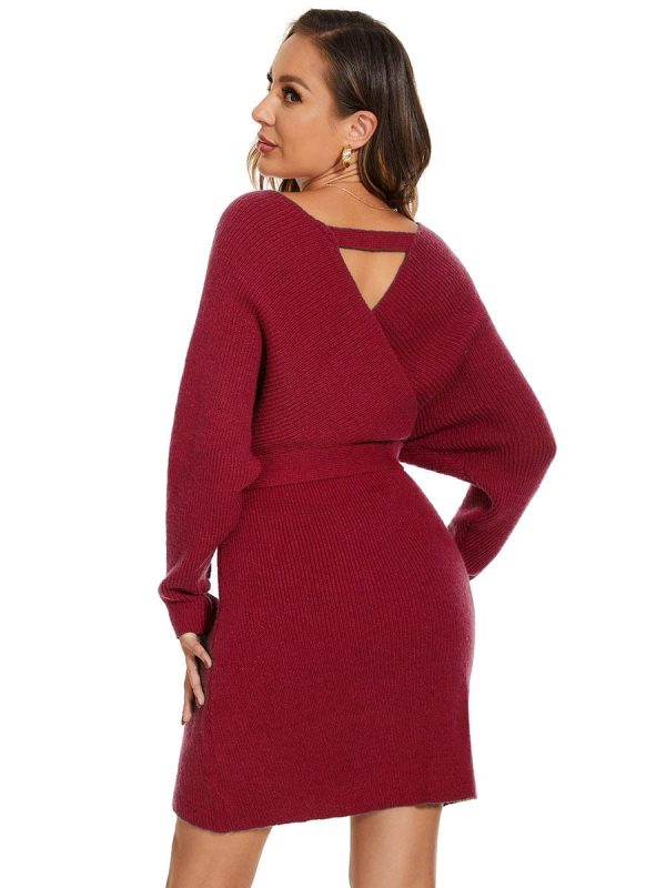 Chic V Neck Sweater Dress With Belt - Image 2