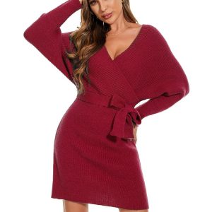 Chic V Neck Sweater Dress With Belt