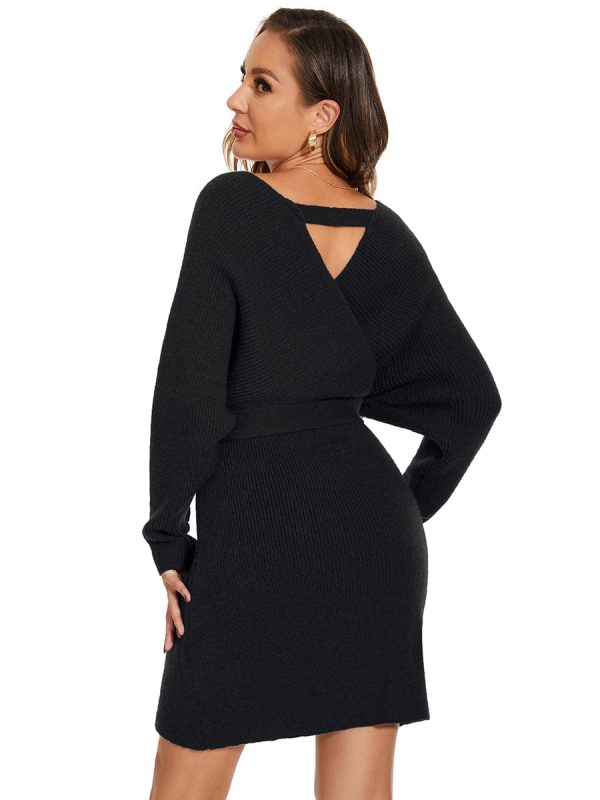 Chic V Neck Sweater Dress With Belt - Image 9