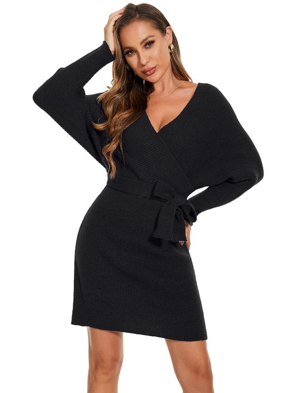 Chic V Neck Sweater Dress With Belt - Image 11