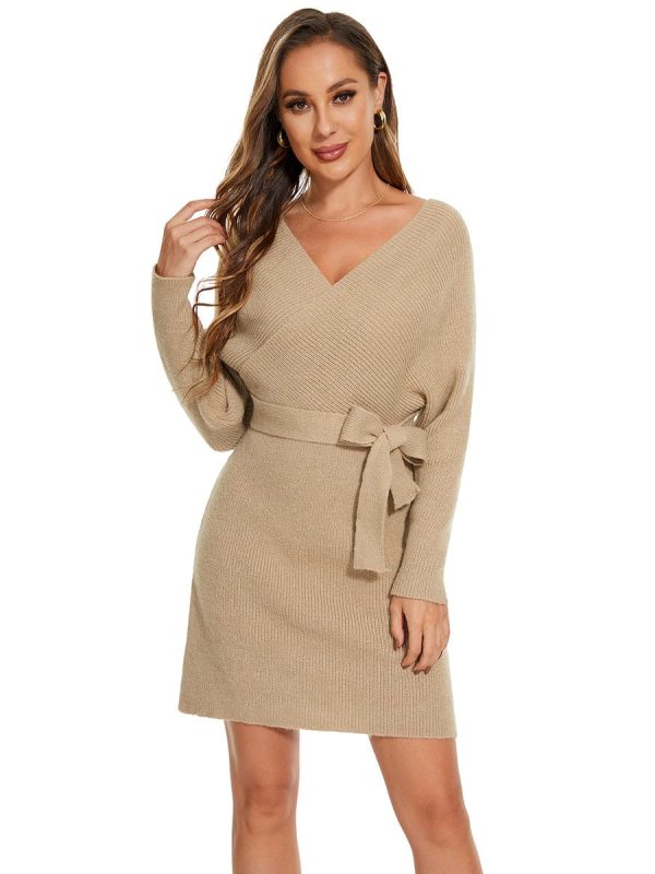 Chic V Neck Sweater Dress With Belt - Image 17