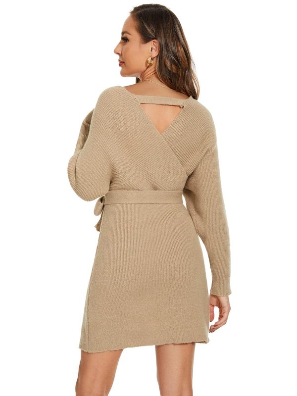 Chic V Neck Sweater Dress With Belt - Image 16