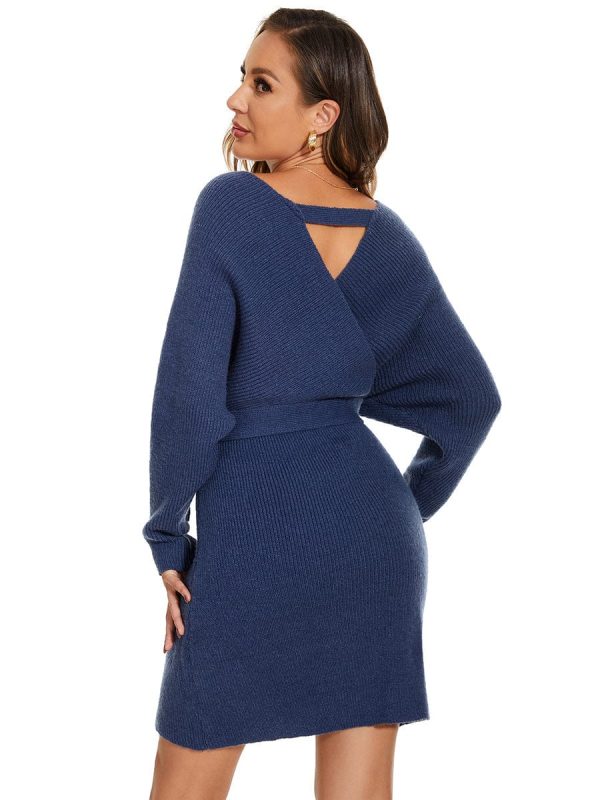 Chic V Neck Sweater Dress With Belt - Image 22