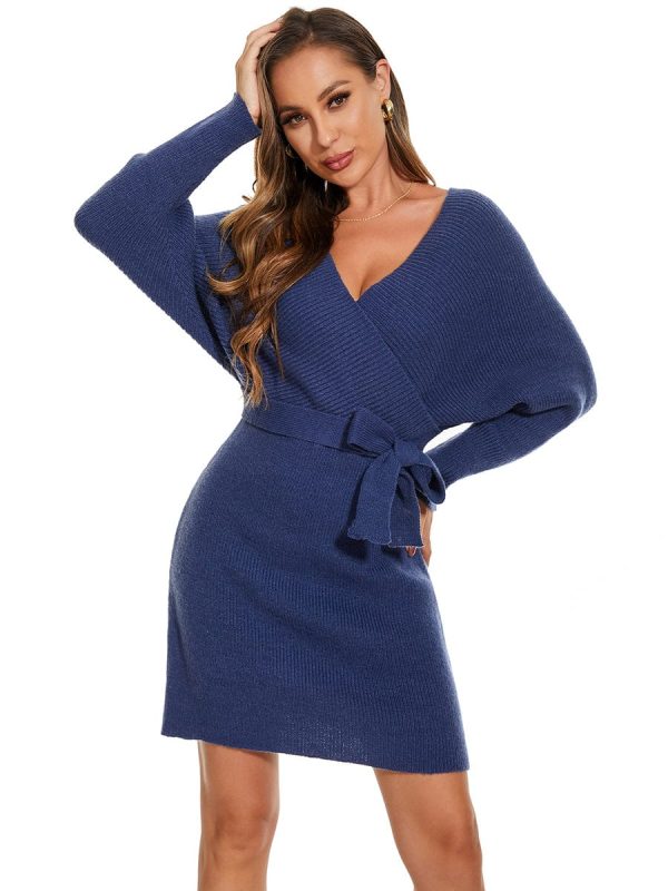 Chic V Neck Sweater Dress With Belt - Image 21