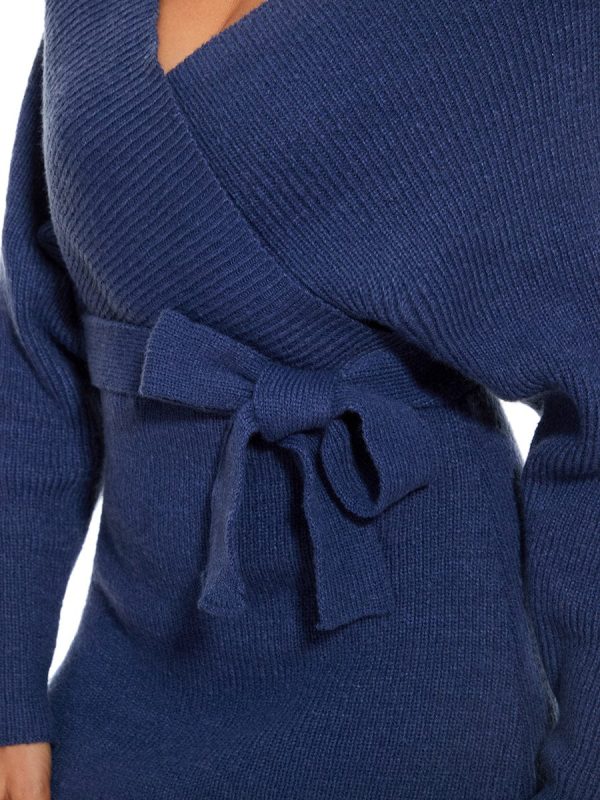 Chic V Neck Sweater Dress With Belt - Image 26