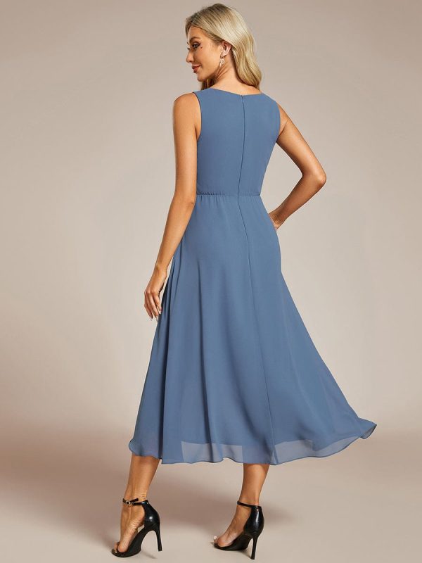 Chic V-Neck Chiffon Appliques Tea-Length Sleeveless Wedding Guest Dress - Image 2
