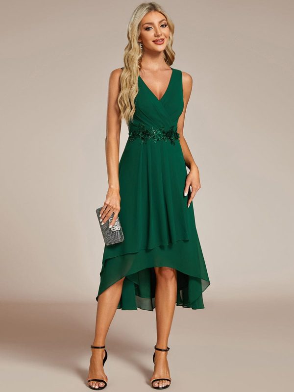 Chic V-Neck Chiffon Appliques Tea-Length Sleeveless Wedding Guest Dress - Image 6
