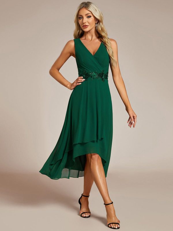 Chic V-Neck Chiffon Appliques Tea-Length Sleeveless Wedding Guest Dress - Image 9