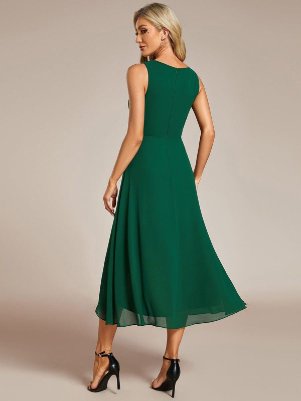 Chic V-Neck Chiffon Appliques Tea-Length Sleeveless Wedding Guest Dress - Image 8