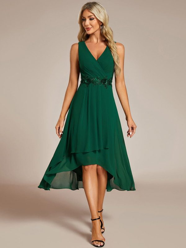 Chic V-Neck Chiffon Appliques Tea-Length Sleeveless Wedding Guest Dress - Image 11