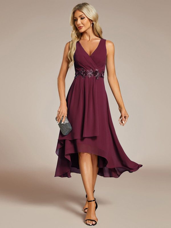 Chic V-Neck Chiffon Appliques Tea-Length Sleeveless Wedding Guest Dress - Image 13