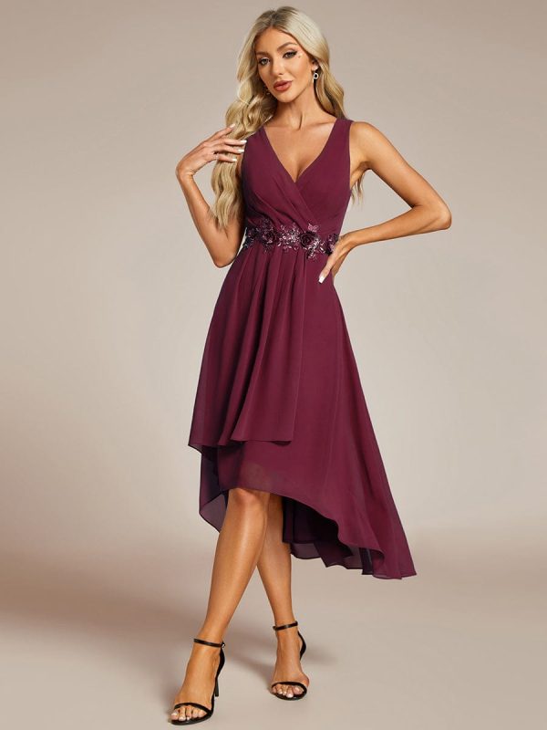 Chic V-Neck Chiffon Appliques Tea-Length Sleeveless Wedding Guest Dress - Image 15
