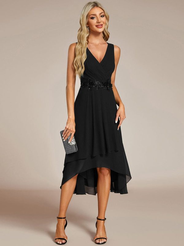 Chic V-Neck Chiffon Appliques Tea-Length Sleeveless Wedding Guest Dress - Image 16