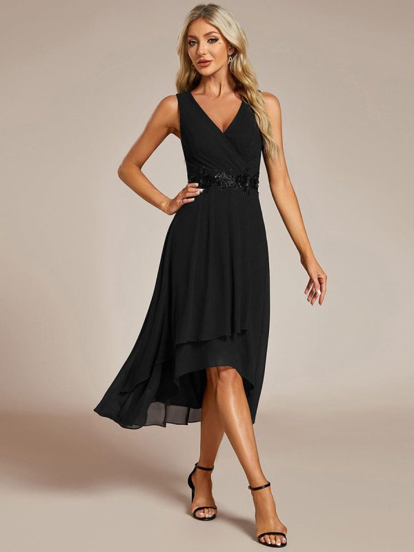 Chic V-Neck Chiffon Appliques Tea-Length Sleeveless Wedding Guest Dress - Image 18