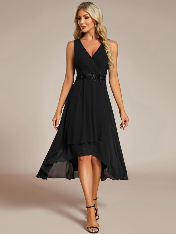 Chic V-Neck Chiffon Appliques Tea-Length Sleeveless Wedding Guest Dress - Image 19